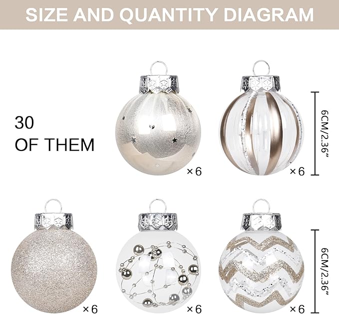 SY Super Bang 30PCS Champagne Christmas Ornaments Set, 60MM/2.36" Clear Plastic Shatterproof Ball Ornaments for Christmas Tree Hanging Decorations, for Home Holiday Party Xmas Decor.