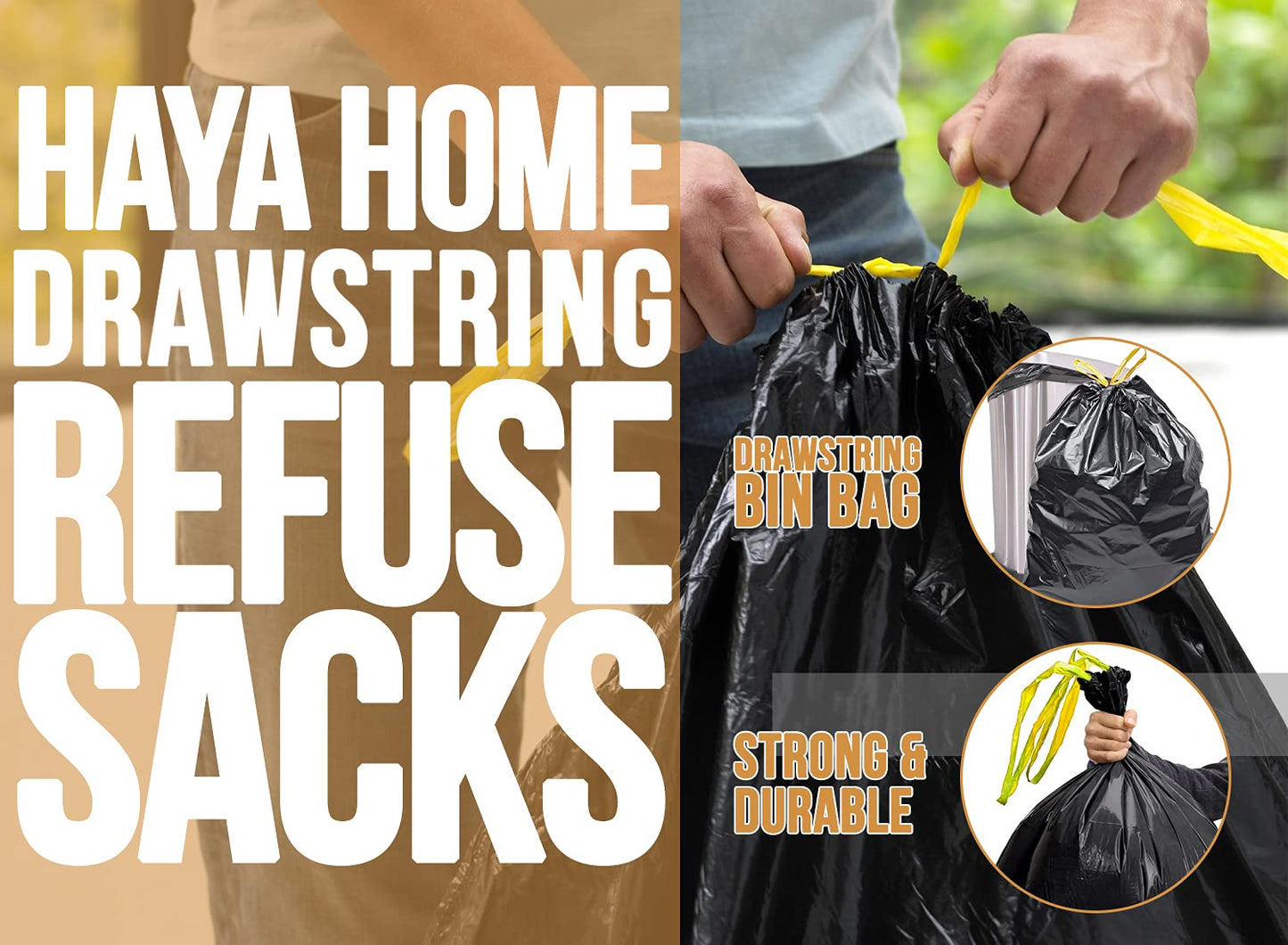 Haya Home 70L litre 40 Drawstring Bin Bags Heavy Duty Swing Bin Liners Black Plastic Refuse Sacks tie top handle large Waste Dustbin Bags for Kitchen Home Office DIY Garden 100% Recycled Material