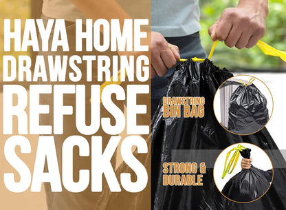 Haya Home 70L litre 40 Drawstring Bin Bags Heavy Duty Swing Bin Liners Black Plastic Refuse Sacks tie top handle large Waste Dustbin Bags for Kitchen Home Office DIY Garden 100% Recycled Material