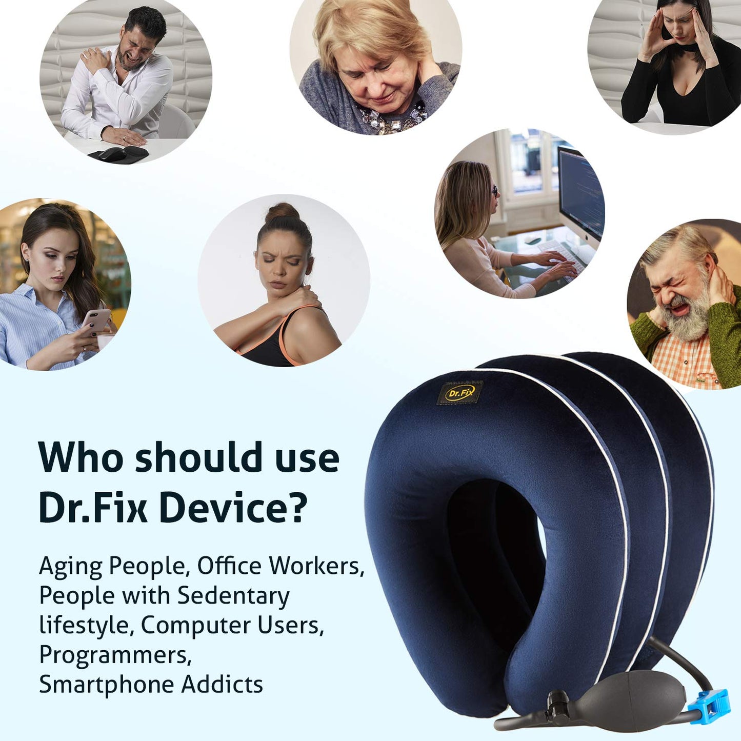 Dr Fix Cervical Neck Traction Device for Instant Neck Pain Relief at Home | Elastic Band (Dark Blue, 12-17)