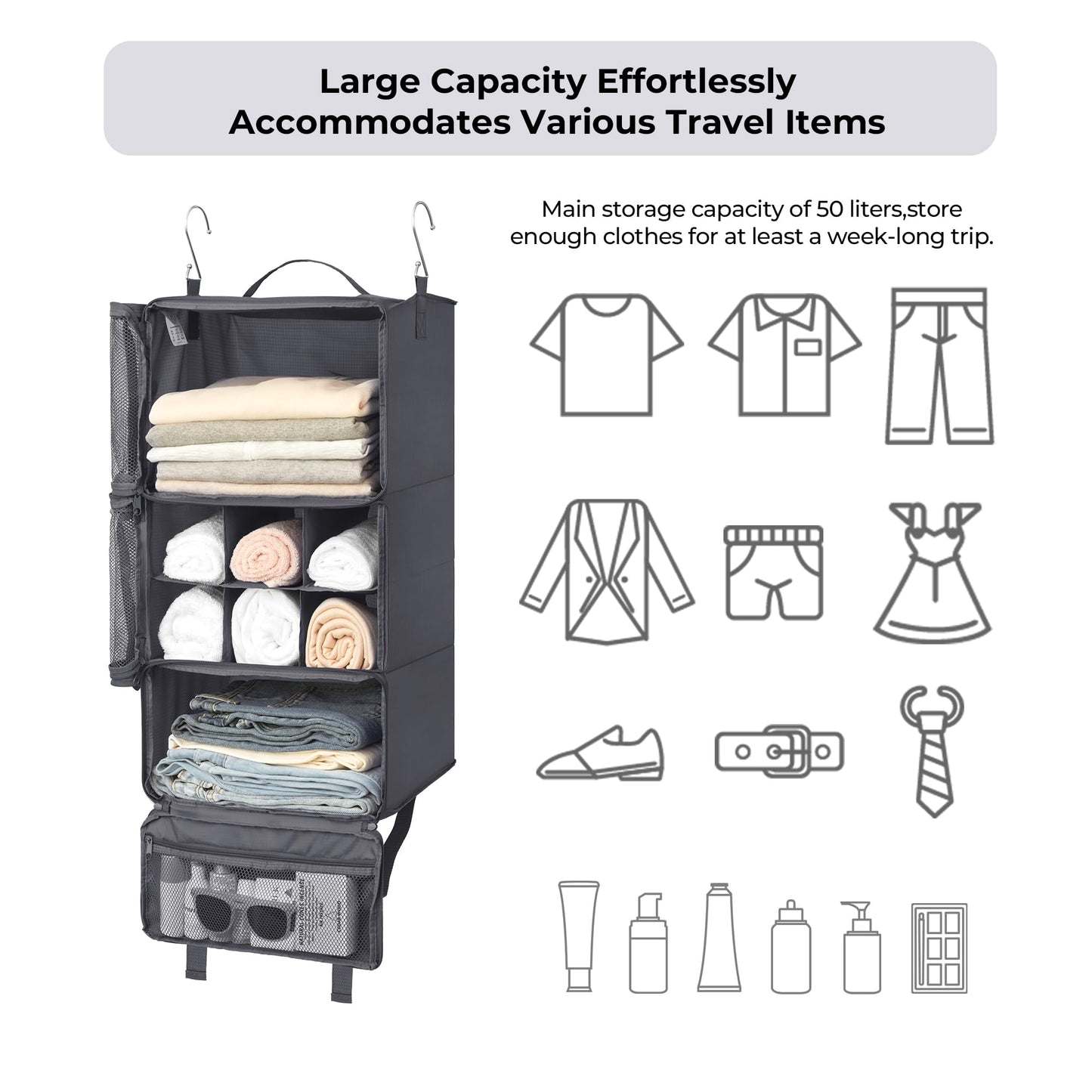 GRANNY SAYS Compression Packing Cubes, Foldable Hanging Travel Shelves with Mesh Window, Packing Cubes for Carry on Suitcase Organizer, Large Travel Organizer Bags, Grey