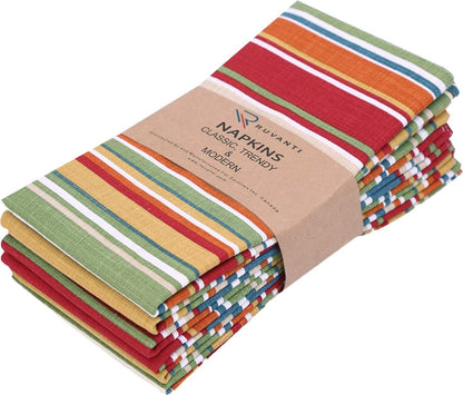RUVANTI Set of 6 100% Cotton Fabric Napkins - 20" x 20" - Washable, Soft & Absorbent for Fall, Halloween, Thanksgiving, Wedding, Dinner - Salsa Stripes