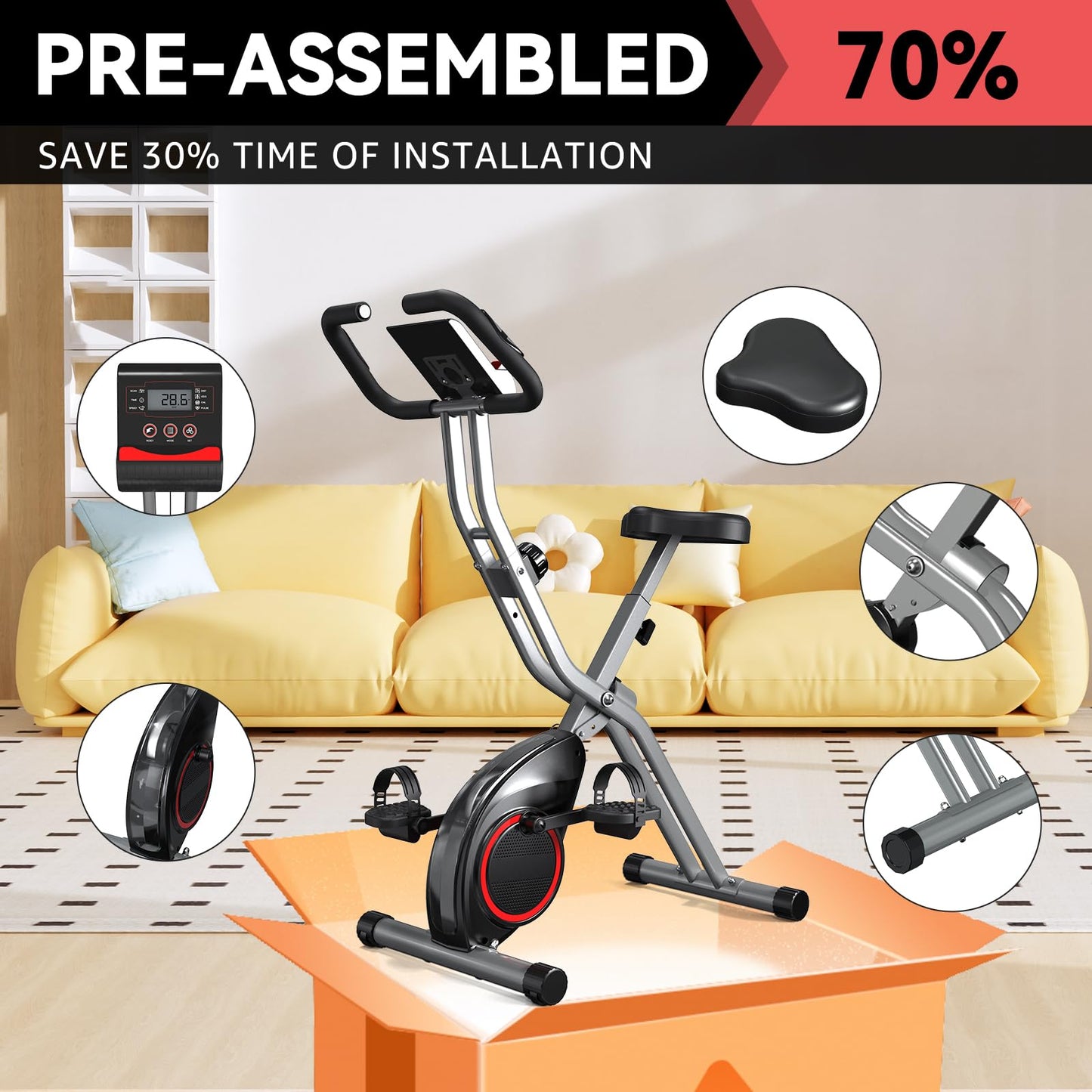 70% Pre-Assembled Exercise Bike for Small Apartments, Foldable Stationary Bikes for Home, Indoor Portable Cycling Bike with 16-Level Magnetic Resistance, 260LBS Capacity, 5.5 LBS Flywheel, for Small Space Workout 816