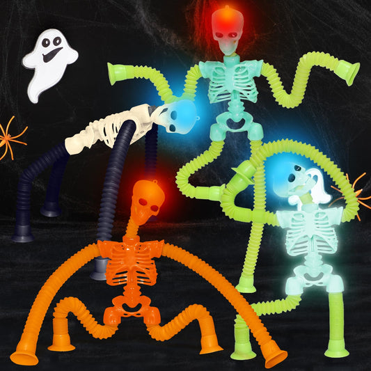 Halloween LED Skeleton Pop Tubes Light Up 4 Pcs Halloween Sensory Fidget Toys, Telescopic Suction Cup Autism ADHD Halloween Party Favors Goodie Bags Basket Stuffers Trick or Treat Toys for Kids 3+