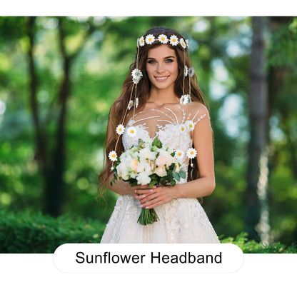 AWAYTR Flower Hippie Headband Floral Crown Behemain Sunflowers Beads Adjust Flower Headdress Hair Accessories (White)
