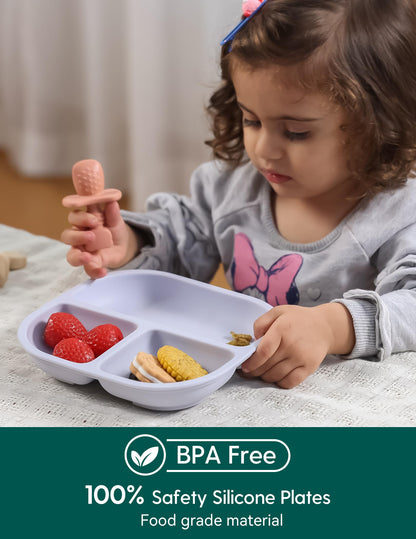 BABELIO Powerful Suction Plates for Baby and Toddler, 100% Food Grand Silicone, Divided, BPA Free, Microwave & Dishwasher Safe, Stay Put, 3 Pack