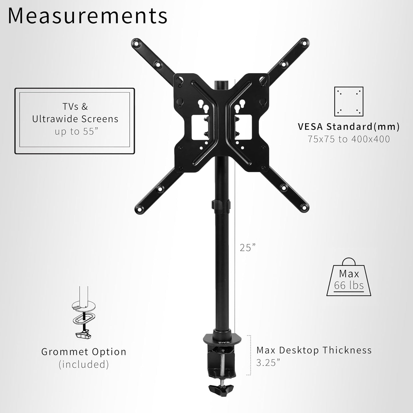 VIVO Ultra Wide TV Desk Mount for up to 55 inch Screens Weighing 66 lbs, Full Motion Height Adjustable Single Television Stand, Black, STAND-V155C