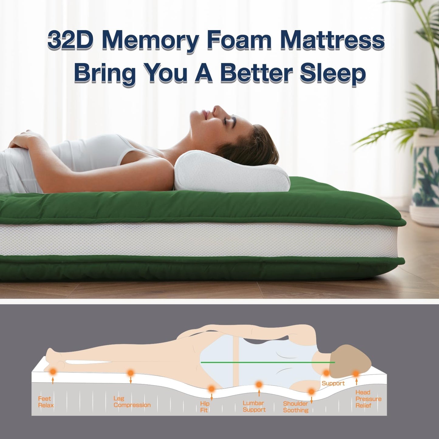 Syalife Japanese Futon Mattress Floor Mattress Twin Size, 4" Thicken Foldable & Portable Floor Bed Sleeping Pad, Traditional Shikibuton 32D Foam Filled, Design in Japan (Green, 39 * 80)