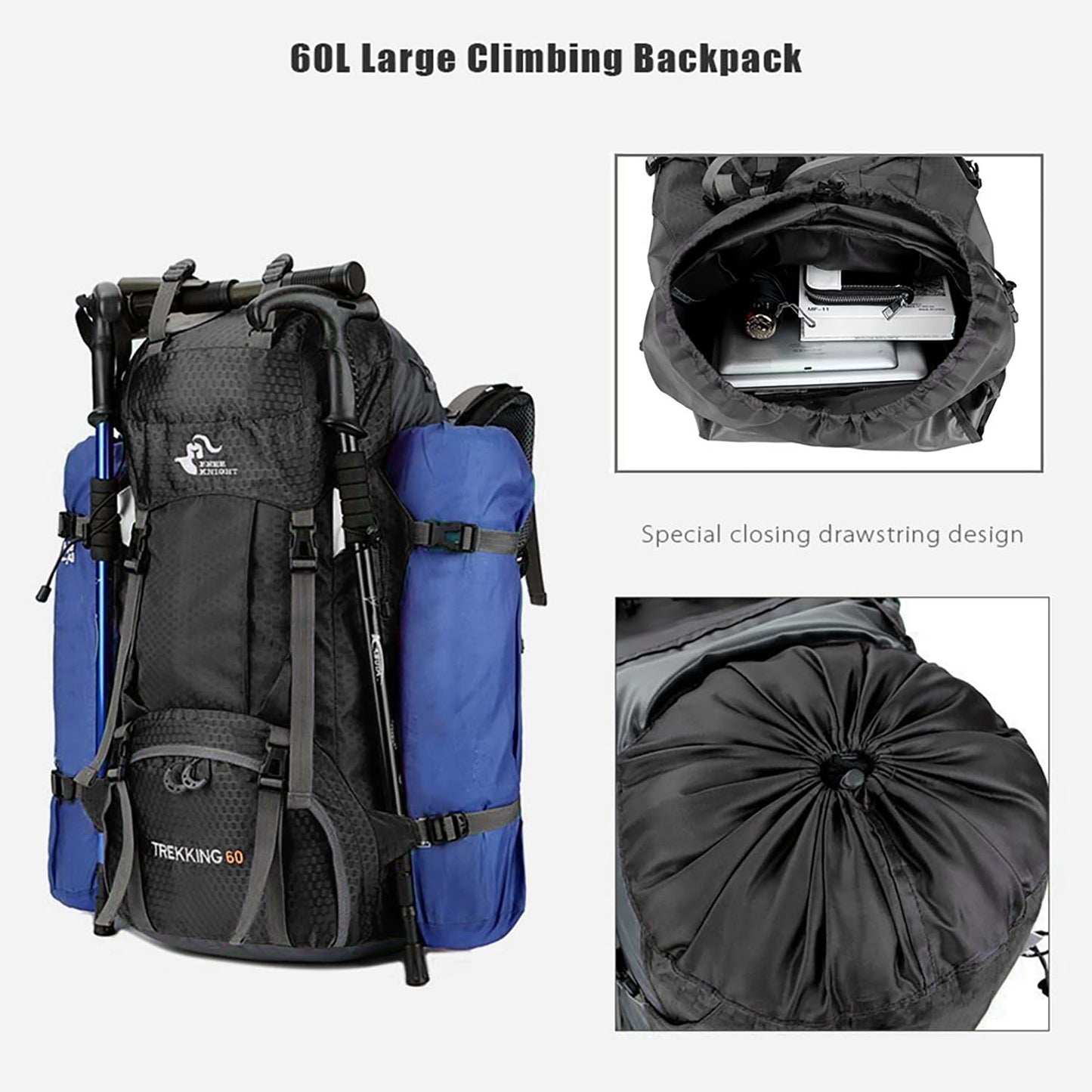 Bseash 60L Waterproof Hiking Camping Backpack with Rain Cover, Lightweight Outdoor Sport Travel Daypack Rucksack for Climbing Skiing