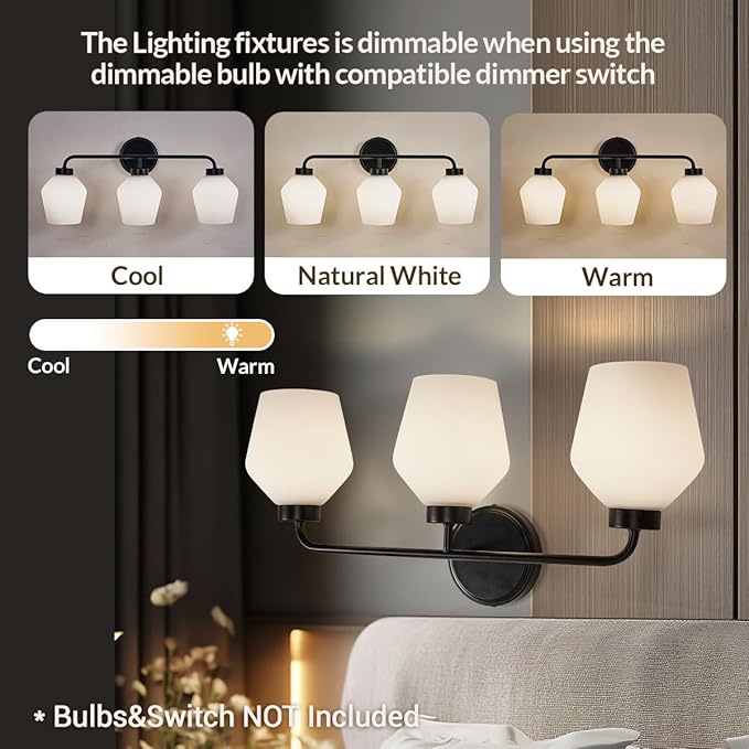 ANDY STAR Black Bathroom Light Fixture, 3-Light Bathroom Vanity Light, 25" Geometric Wall Light with Milky White Frosted Glass Shade, Industrial Metal Wall Sconce, E26 Base, Easy Installation