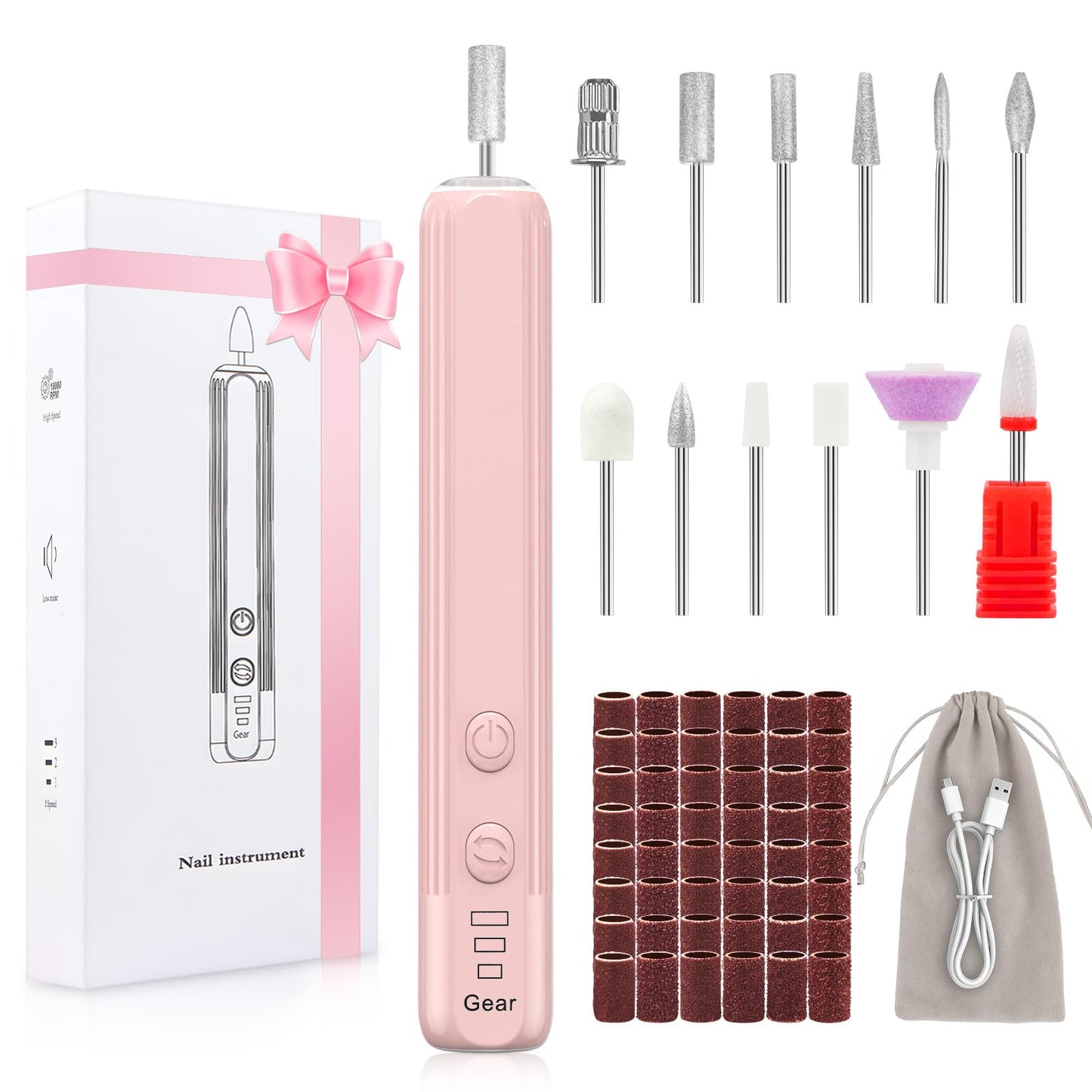 Professional Nail Drill Set, 2,0000 RPM Electric Nail File with 12 Grinding Head & 100Pcs Sanding Bands for Acrylic Gel Nails, Manicure and Polishing (Beige)