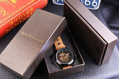 Gute Mens Watches, Mechanical Skeleton Automatic Self-Winding Steampunk Watch for Men, Casual Clock Brown Leather Wrist Watch