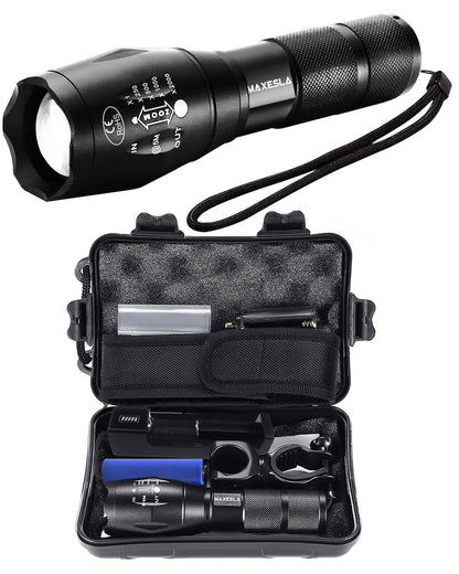 Maxesla Rechargeable LED Torch Set High Lumen, IP65 Waterproof, 5 Modes, Zoomable Pocket Torch Led Super Bright Flashlight, Battery Powered Torch for Camping, Hiking, Outdoor, 18650 Battery Included