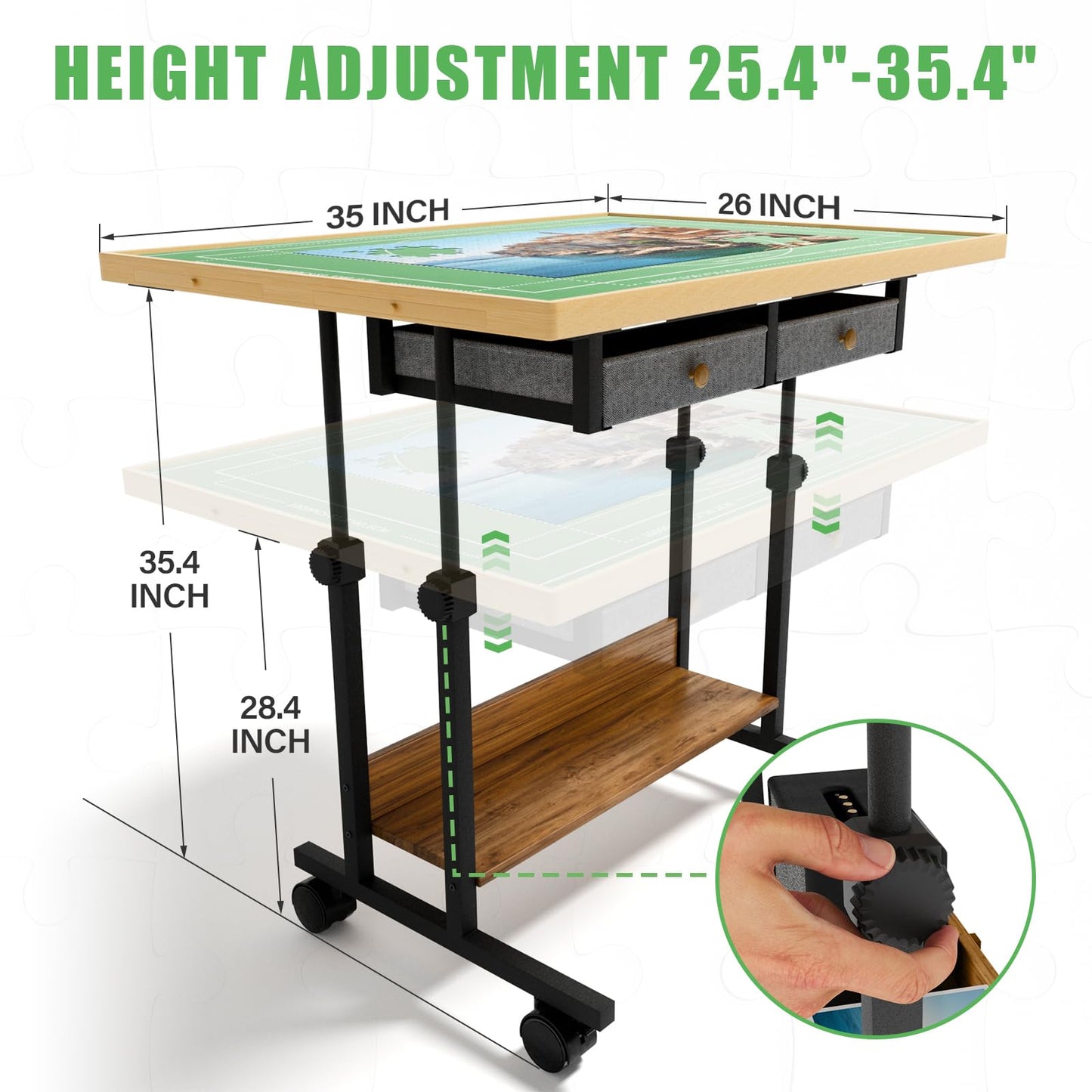 CODACE 1500 Piece Jigsaw Puzzle Table with Legs, Adjustable 5-Tilting-Angle Puzzle Board with 6 Drawers & Cover, 35"x 26" Wooden Board with 4 Wheels for Adults