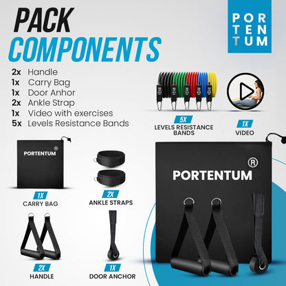 PORTENTUM Resistance Bands Weight Building Kit 150 lbs 12 Elastic Bands for Yoga Calisthenics Gym Crossfit TRX Pilates Home Gym – Elastic Muscle Bands with Anklets and Door Grip