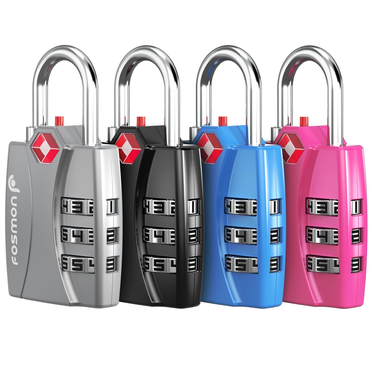 Fosmon TSA Approved Locks for Luggage. Suitcase Locks with Open Alert Indicator, 3 Digit Combination Padlock with Alloy Body for Travel, Backpack Zipper Anti Theft, Locker, Gym, Gun Case, Tent- 4 Pack