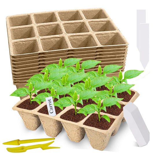Doubleggs 120 Cells Seed Starter Tray, 10 Pack Biodegradable Peat Pots with 100 Labels, Plant Starter Kit for Seedlings