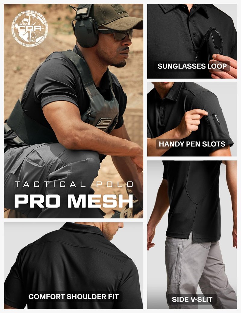 CQR Men's Quick Dry Tactical Polo Shirt, Lightweight Breathable Performance Polo, Short Sleeve UPF 50+ Outdoor Golf Shirt, Frost Essential Black, X-Large
