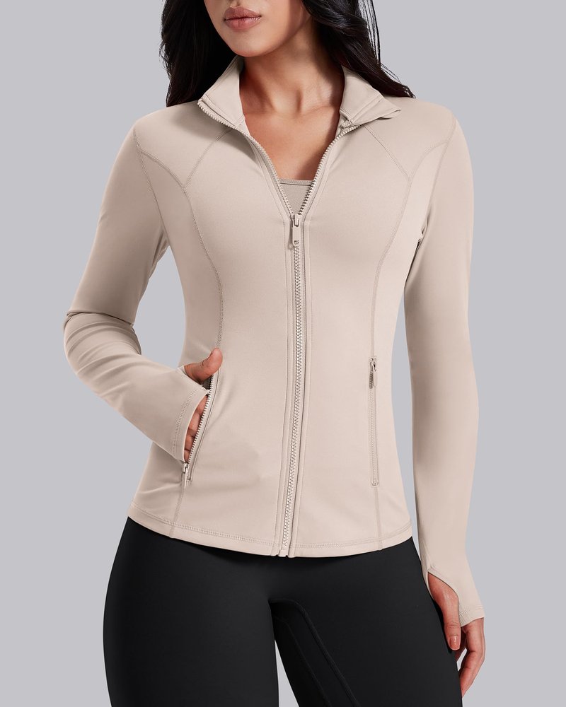 AVGO Womens Workout Jackets Lightweight Athletic Zip Up Jacket Slim Fit Running Gym Top with Pockets & Thumb Holes(Almond, M)