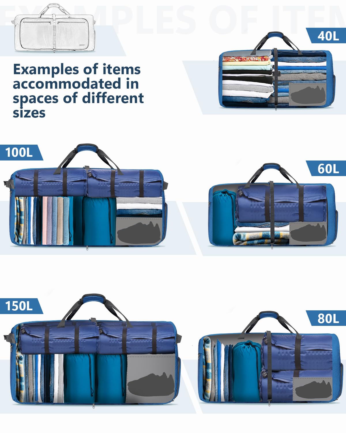 Gonex 40L Large Foldable Travel Duffle Bag with Shoes Compartment, Packable Lightweight Water Repellent Duffel Bag for Camping Gym Weekender Bag Deep Blue