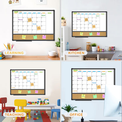 JILoffice Magnetic Calendar Whiteboard & Bulletin Corkboard Combination, Combo Board 24 x 18 Inch, Black Aluminum Frame Wall Mounted Board for Office Home and School with 10 Push Pins