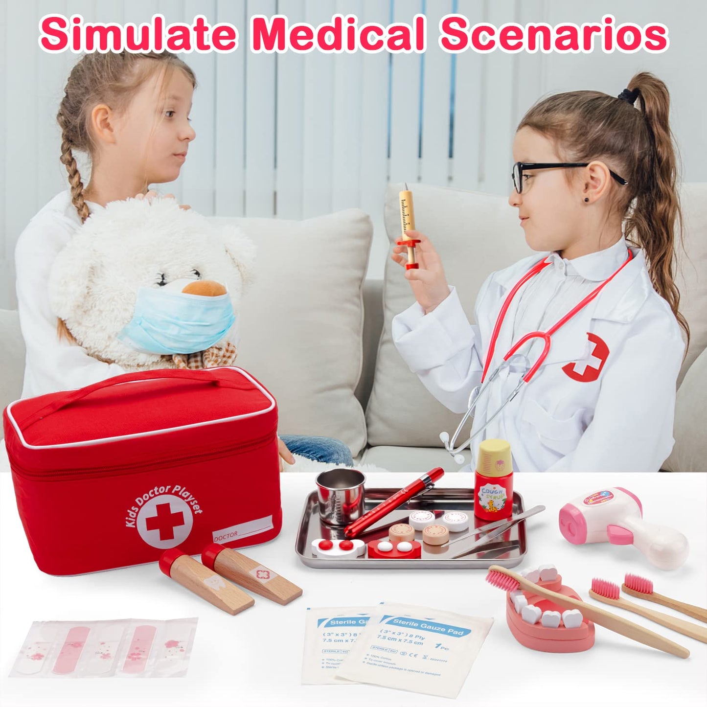 Sundaymot Doctors Set for Kids, 32 PCS Role Play Doctors Case, Children's Wooden Play Set, Dentist Wood with Real Stethoscope, Thermometer, Dental Case, Red Medical Toy Gift for Girls Boys 3 4 5 Years