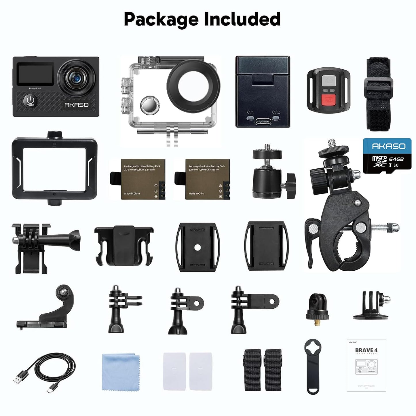 AKASO Brave 4 Action Camera 4K 30fps with 64GB MicroSD U3 Card Bicycle Helmet Accessories Kit Bundle, 20MP Ultra HD 131FT Waterproof Underwater Camera EIS WiFi Remote Control 5X Zoom Sport Cameras