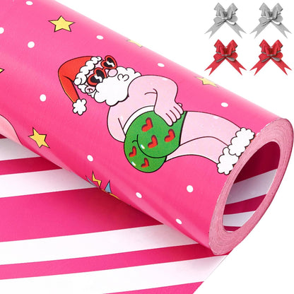 EWES Funny Christmas Wrapping Paper Pink Set Rolls Santa Claus For Kids Cute Reversible Cartoon Thick Gift Wrap Sheets Unique Heavy Duty Fun Total 28.5sq.ft