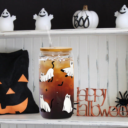 Joyseller Halloween Glass Cup, 18oz Cute Ghost Cat Iced Coffee Can Glass Tumbler with Lid and Straw, Halloween Spooky Gifts for Her Him