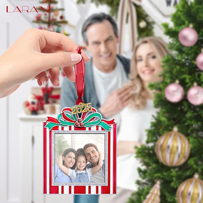 Laraine Christmas Tree Ornaments – Decorative Hanging 2025 Holiday Keepsake Gift Square Pendant with 2.5” Photo Frame Insert for Picture of Pet (Square Red (2025))