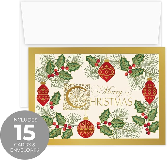 Masterpiece Antique Ornament Christmas Cards / 15 Festive Evergreen Holly Holiday Card Set With Foil Accents And White Envelopes / 5 5/8" x 7 7/8" Winter Greeting Cards With Inside Verse