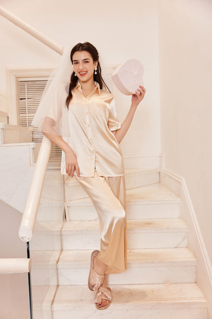 Ekouaer Silk Pajamas for Womens Set 2 Piece Satin Pjs Soft Button Down Sleepwear Wide Leg Long Pants with Pockets Champagne