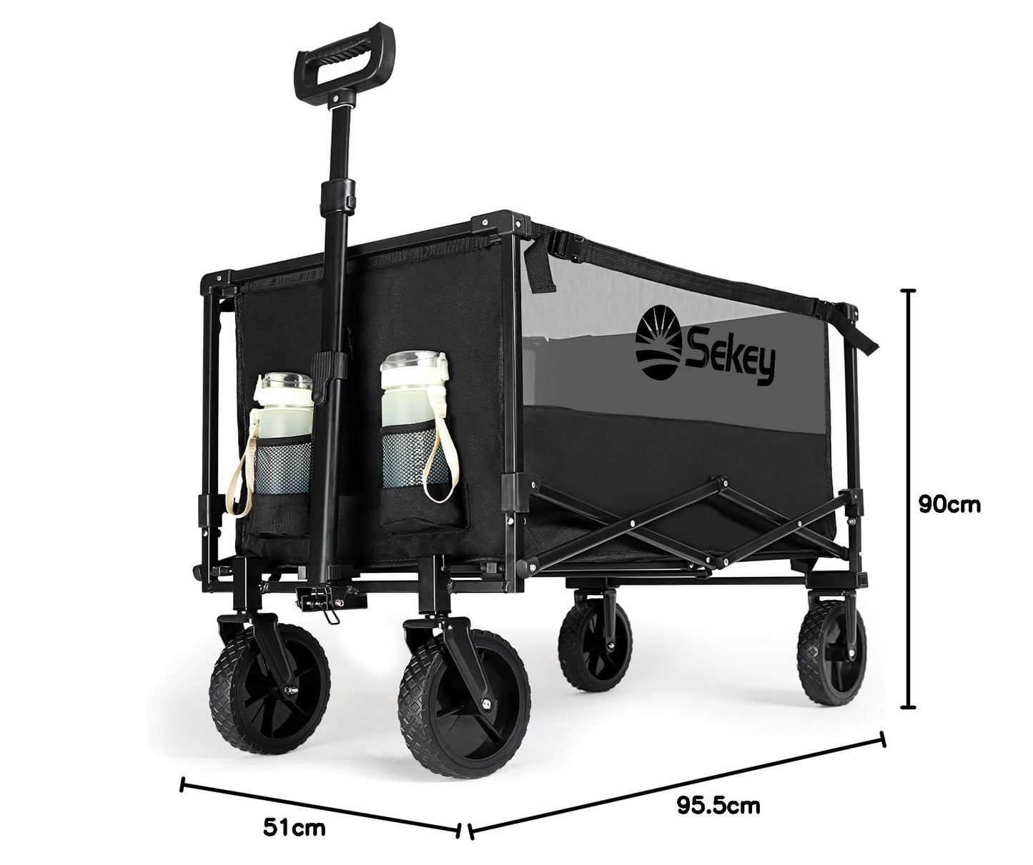 Sekey Folding Festival Trolley with 330LBS Large Capacity, Heavy Duty Camping Beach Wagon, Removable All-terrain Wheels, Collapsible Cart with Adjustable Handle & Drink Holders, Black&Grey