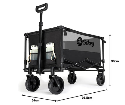 Sekey Folding Festival Trolley with 330LBS Large Capacity, Heavy Duty Camping Beach Wagon, Removable All-terrain Wheels, Collapsible Cart with Adjustable Handle & Drink Holders, Black&Grey