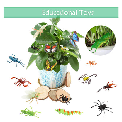 PINOWU Insect Toy Figures for Kids - 24pcs, 2-4' Fake Bugs - Spiders, Cockroaches, Scorpions, Crickets, Lady Bugs, Mantis & Worms for Education & Party Favors