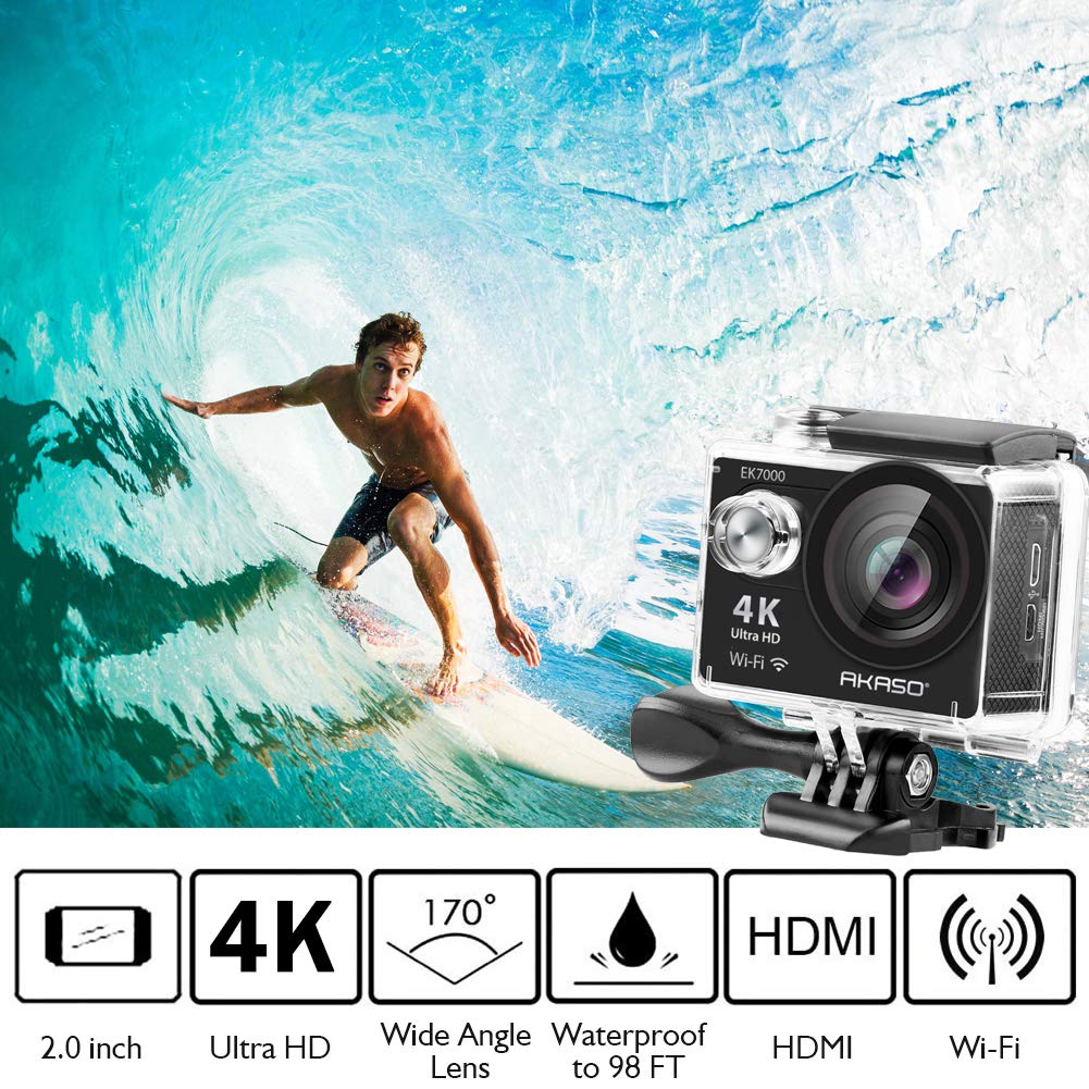 AKASO EK7000 4K Action Camera Ultra HD Underwater Camera 170 Degree Wide Angle 98FT Waterproof Camera Remote Control Black