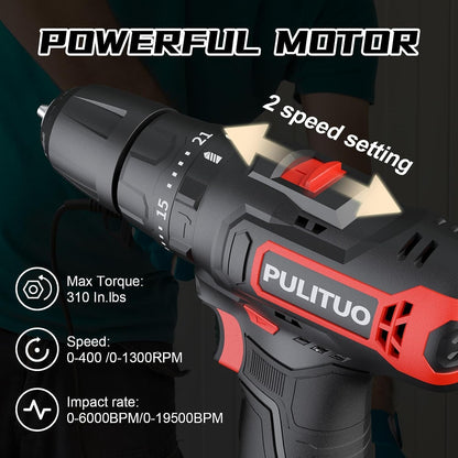 PULITUO 12V Cordless Drill and Driver Impact Tool, 35Nm of Torque, 50Pcs Bit Set, Screwdriver and Drill with 3/8" Chuck, Dual Speed 1.5Ah Battery, LED Light for Cement, Concrete, Ceiling, Brick, Wall