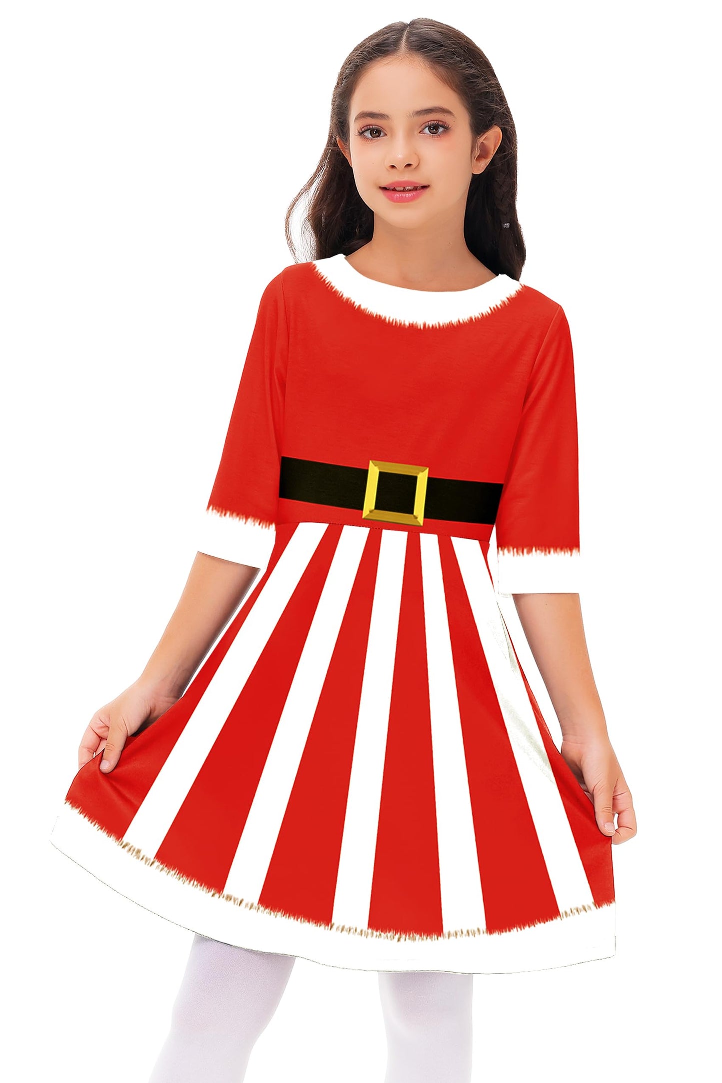 Remimi Santa Dress for Girls Christmas 3/4 Sleeve Twirly Gift Holiday Skater Dress 9-10 Years