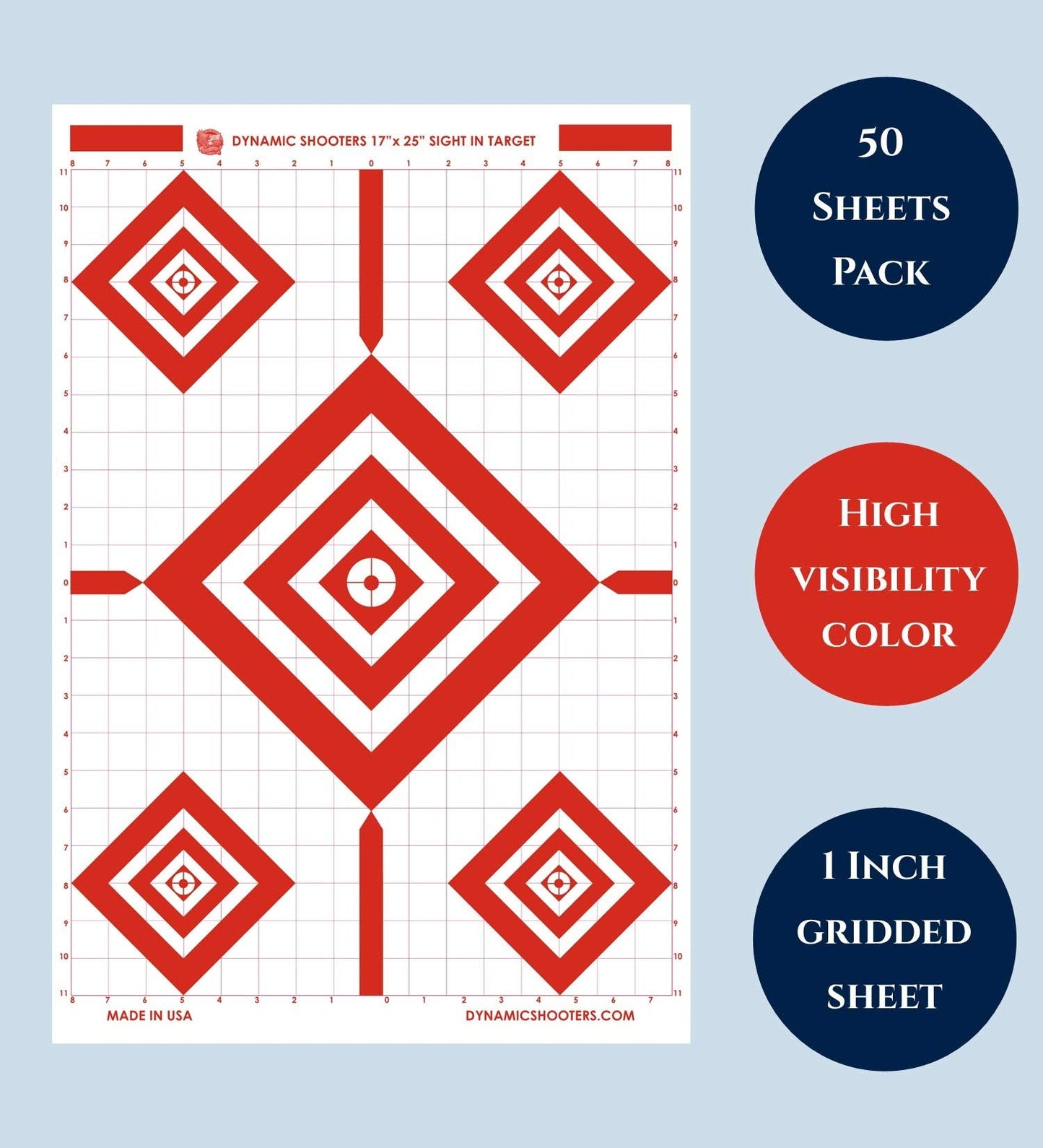 Dynamic Shooters Made in USA Sight in Paper Shooting Range Targets- (17x25 Inch 50 Sheets) for Firearms, Guns, Rifle, Pistol, BB Guns, Airsoft, Pellet Gun, Air Rifle