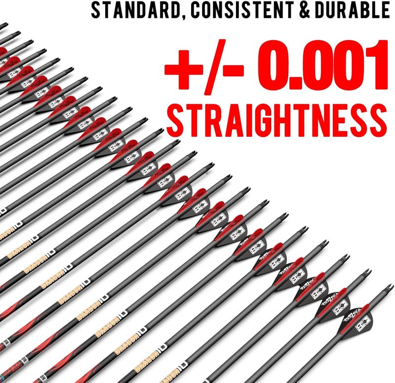 100% Pure Carbon Hunting Arrows - Olympic-Grade 10 Spine Deflection | 0.001"/0.003"/0.006" Straightness, Ideal for Compound & Recurve Bows (12/24PCS)