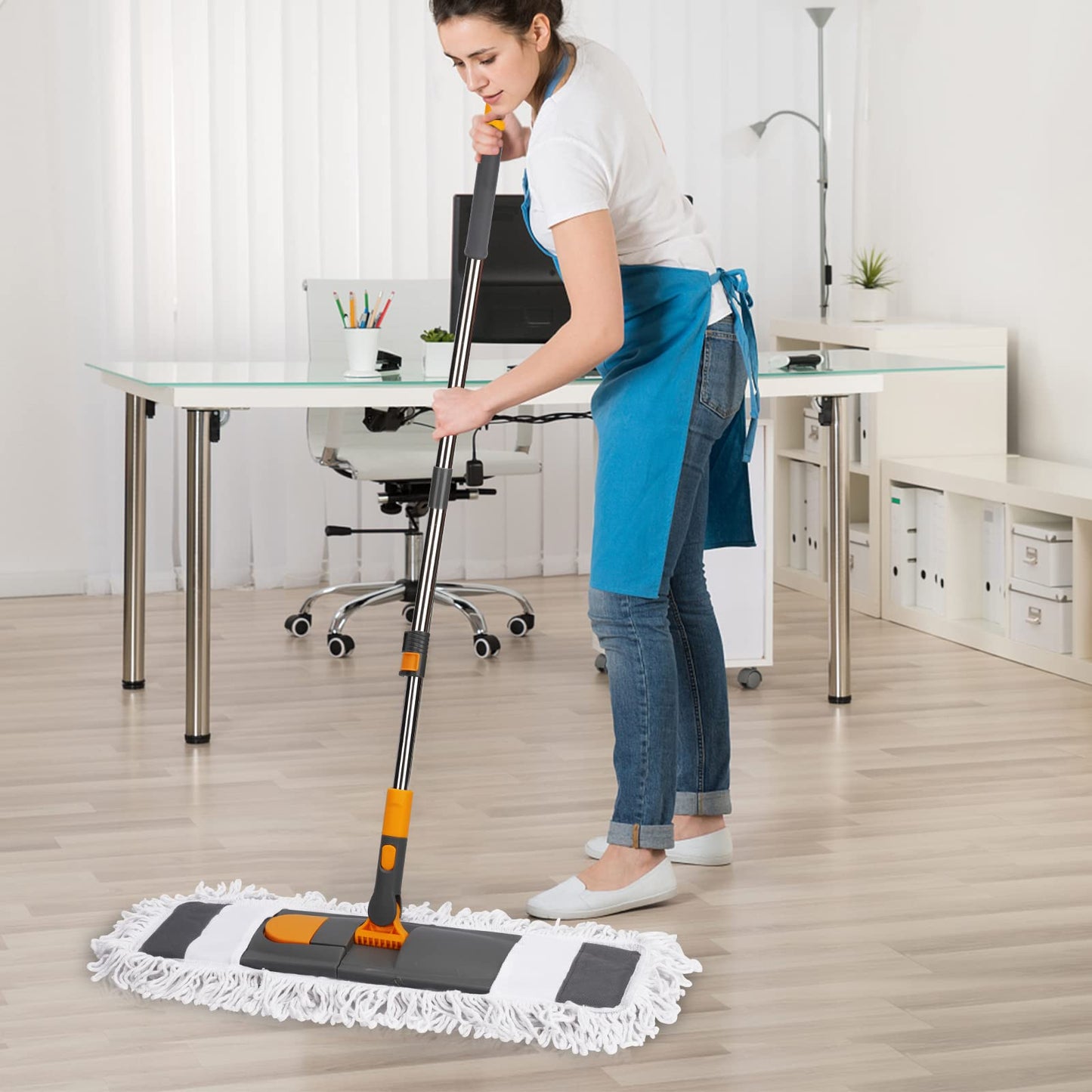 MASTERTOP Flat Mop, 60cm Wide Industrial Mops with Stainless Steel Long Handle, Commercial Pure Cotton Mop with 2 Reusable Pads, Wet and Dry Floor Mops for Hard Laminate Floors Cleaning