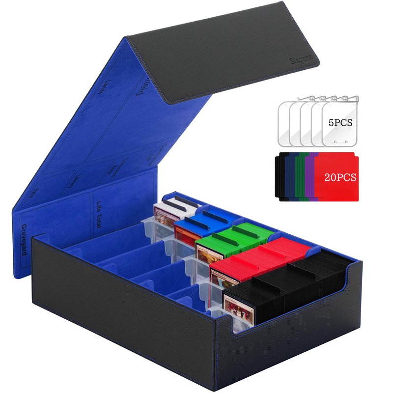 5 Row Trading Card Storage Box, 3800+Bulk Card Organizer Box with 20 Dividers & 5 Supporters, Graded Card Deck Box for YuGiOh, MTG, TCG Black/Blue