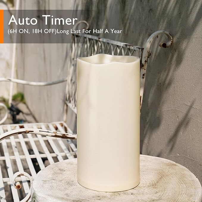 Homemory 6" x 12" Extra Large Outdoor Waterproof Candle with Auto 6-Hour Timer, Ivory Plastic Made, Long Last for Half A Year, Set of 2