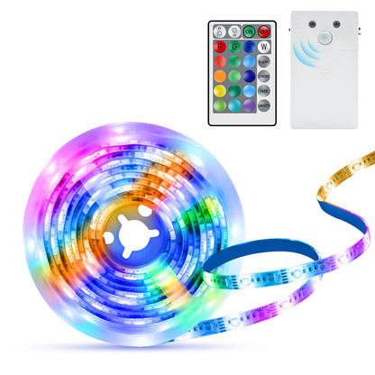 ZAIYW Motion Sensor LED Strip Lights Battery Operated, 60 LED 5050 RGB and 3000K Warm White 2M Self-Adhesive Night Lights Strip with Remote for Hallway Stair Closet Bed Gradevin Decoration
