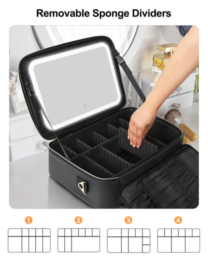 Relavel Travel Makeup Bag With LED Mirror, Cosmetic Train Case with Light up Mirror, Portable Makeup Artist Organizer Bag with Adjustable Dividers, Makeup Brush Holder Storage, Black
