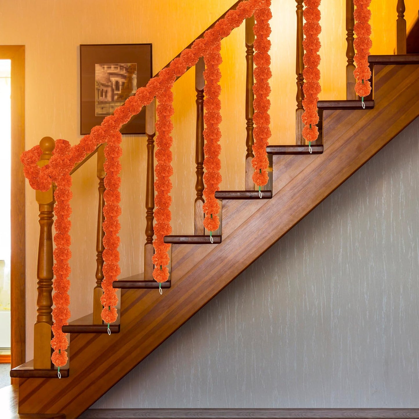 GOMALL 5Pcs Marigold Garland for Decoration,5 Feet Artificial Marigold Flowers Diwali Decorations for Home,Orange Artificial Marigold Heads for Diwali Party,Indian Weddings,Halloween,Wreath