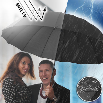 Royal Walk Windproof Umbrella Black Large 54 Inch Automatic Open for 2 Persons Stormproof for Men Women Classic Wooden Handle Lightweight Waterproof Durable Strong 16 Ribs Travel Golf Unisex 120cm