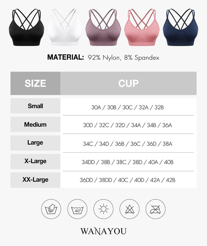 WANAYOU Sports Bras for Women, Cross Back Strappy Medium Impact Sports Bras Padded Wireless Seamless Spaghetti Strap Workout Bra for Athletic Exercise Fitness 3 Pack Black White Navy Blue Large
