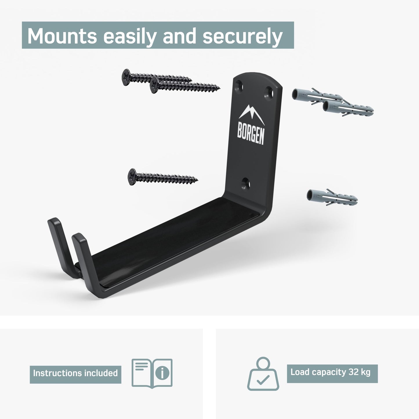 Borgen Bike Wall Mount - Bike Wall Rack Pedal for E-Bike, MTB or Road Bike with Support Bracket and Wall Protection Pads