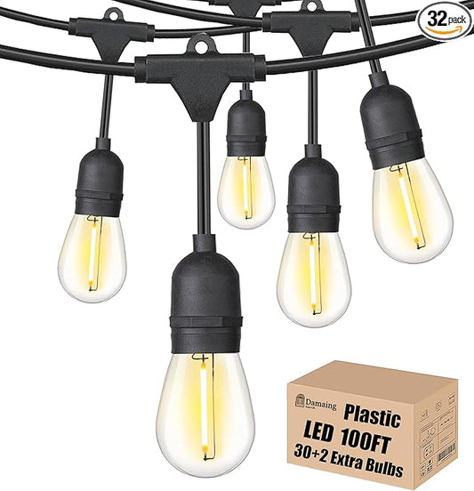 Outdoor String Lights LED 100FT Patio Lights with 32 Shatterproof S14 Dimmable Plastic Vintage Edison Bulbs and Commercial Grade Waterproof Strand Lights String for Porch Market Cafe String Lights